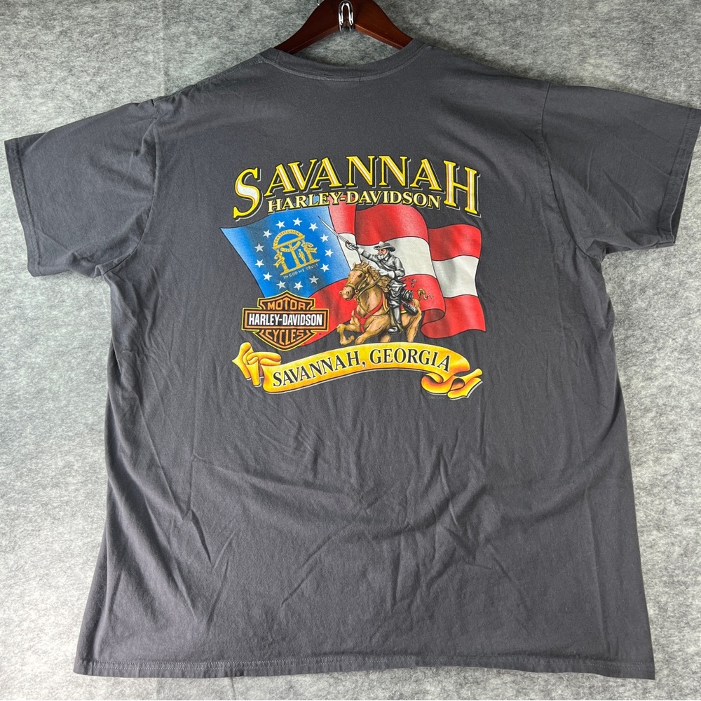 Harley Davidson 2X Pocket T-Shirt Savannah GA USA - In God We Trust 13-Star Flag